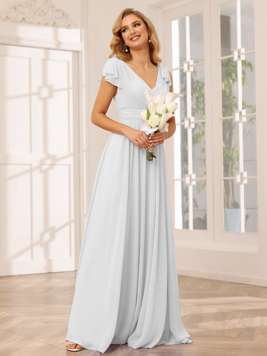 A-Line/Princess V-Neck Long Bridesmaid Dresses with Ruffles Off White