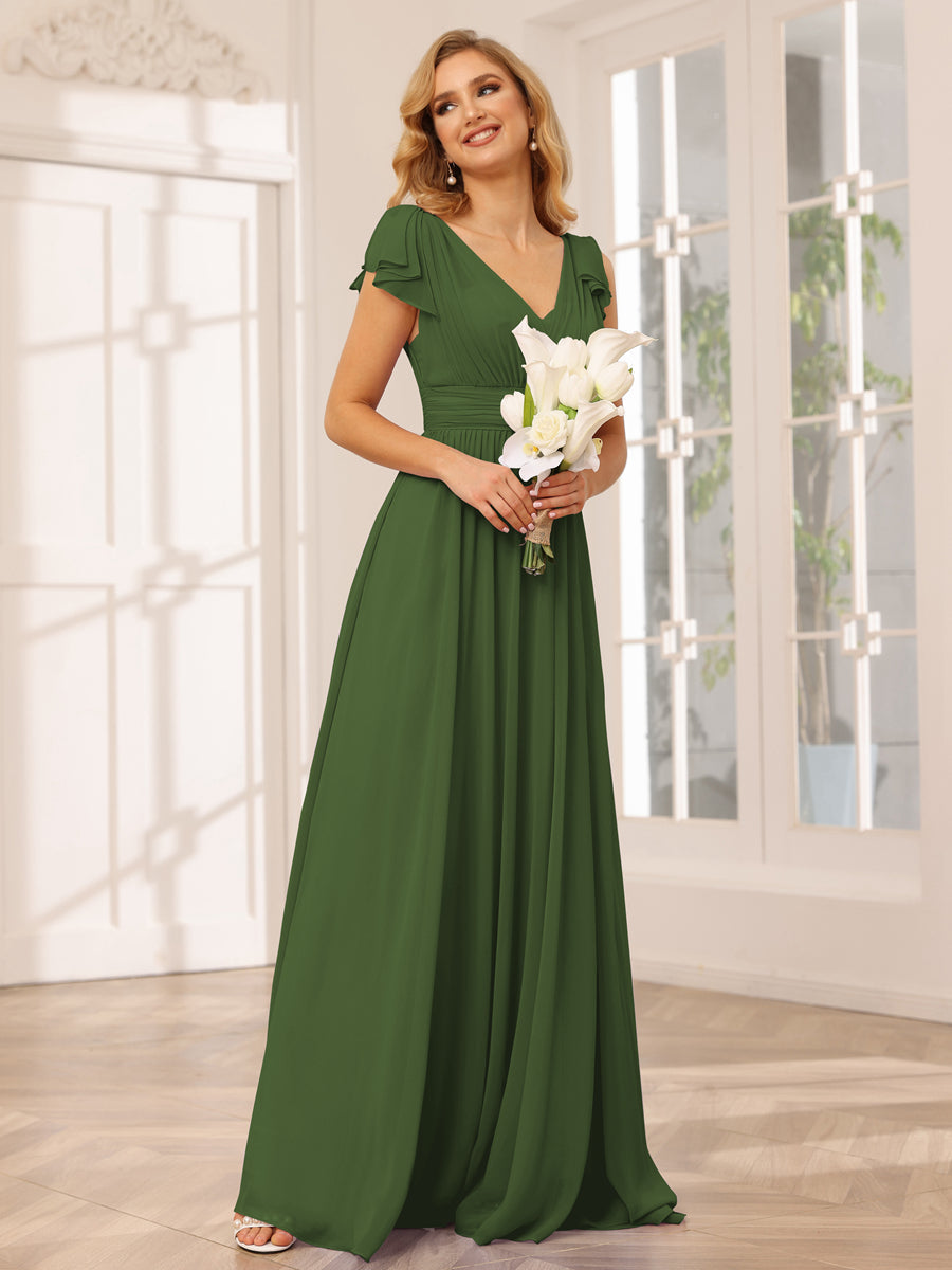 A-Line/Princess V-Neck Long Bridesmaid Dresses with Ruffles Olive Green