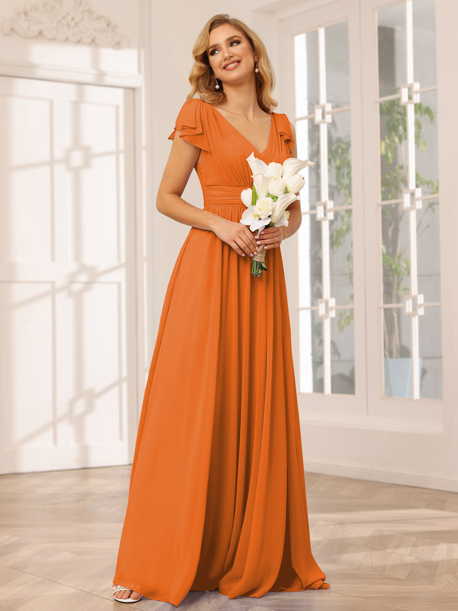 A-Line/Princess V-Neck Long Bridesmaid Dresses with Ruffles Orange