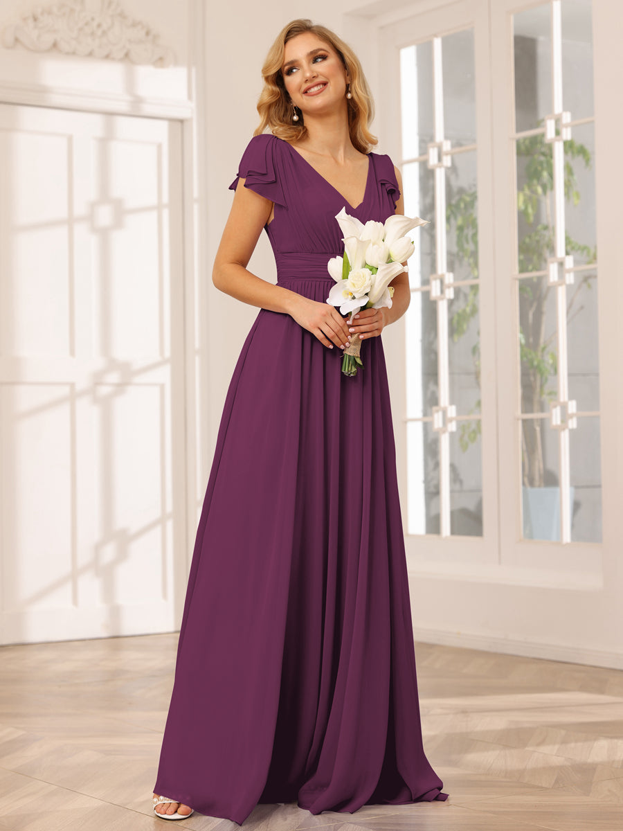 A-Line/Princess V-Neck Long Bridesmaid Dresses with Ruffles Orchid