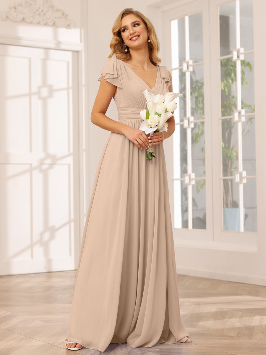 A-Line/Princess V-Neck Long Bridesmaid Dresses with Ruffles Peach Pink