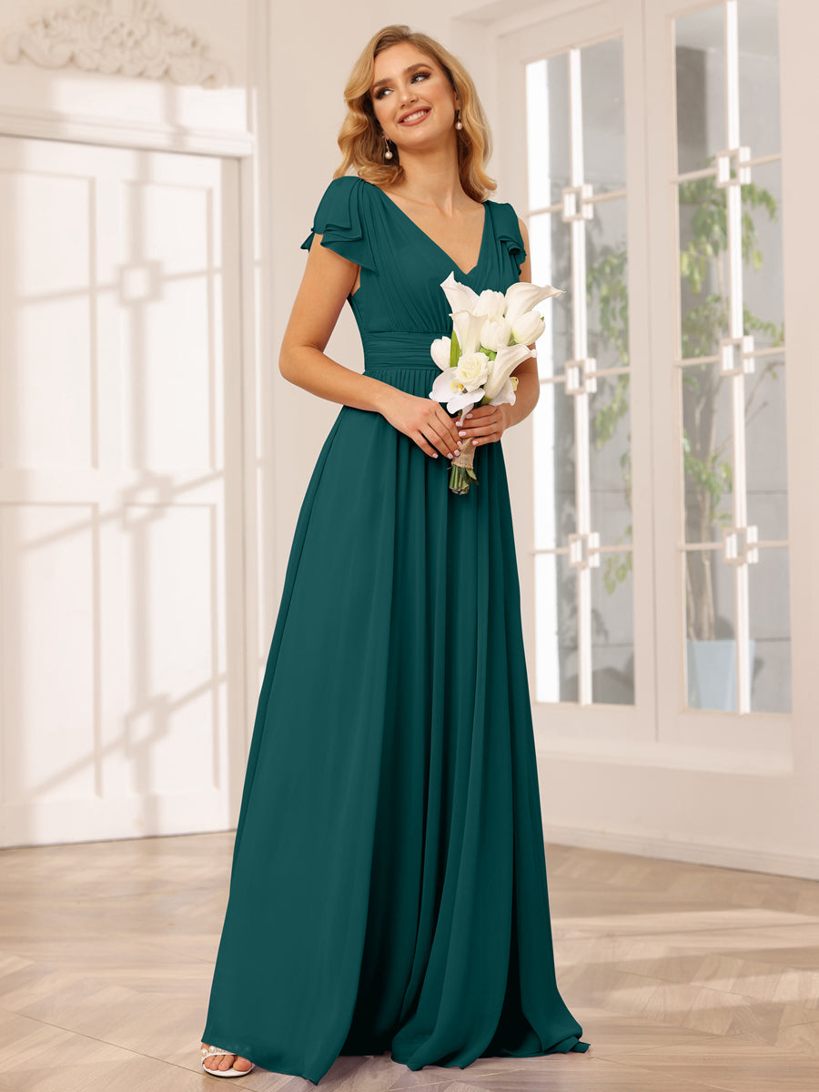 A-Line/Princess V-Neck Long Bridesmaid Dresses with Ruffles Peacock