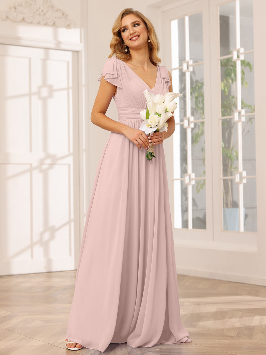 A-Line/Princess V-Neck Long Bridesmaid Dresses with Ruffles Pearl Pink