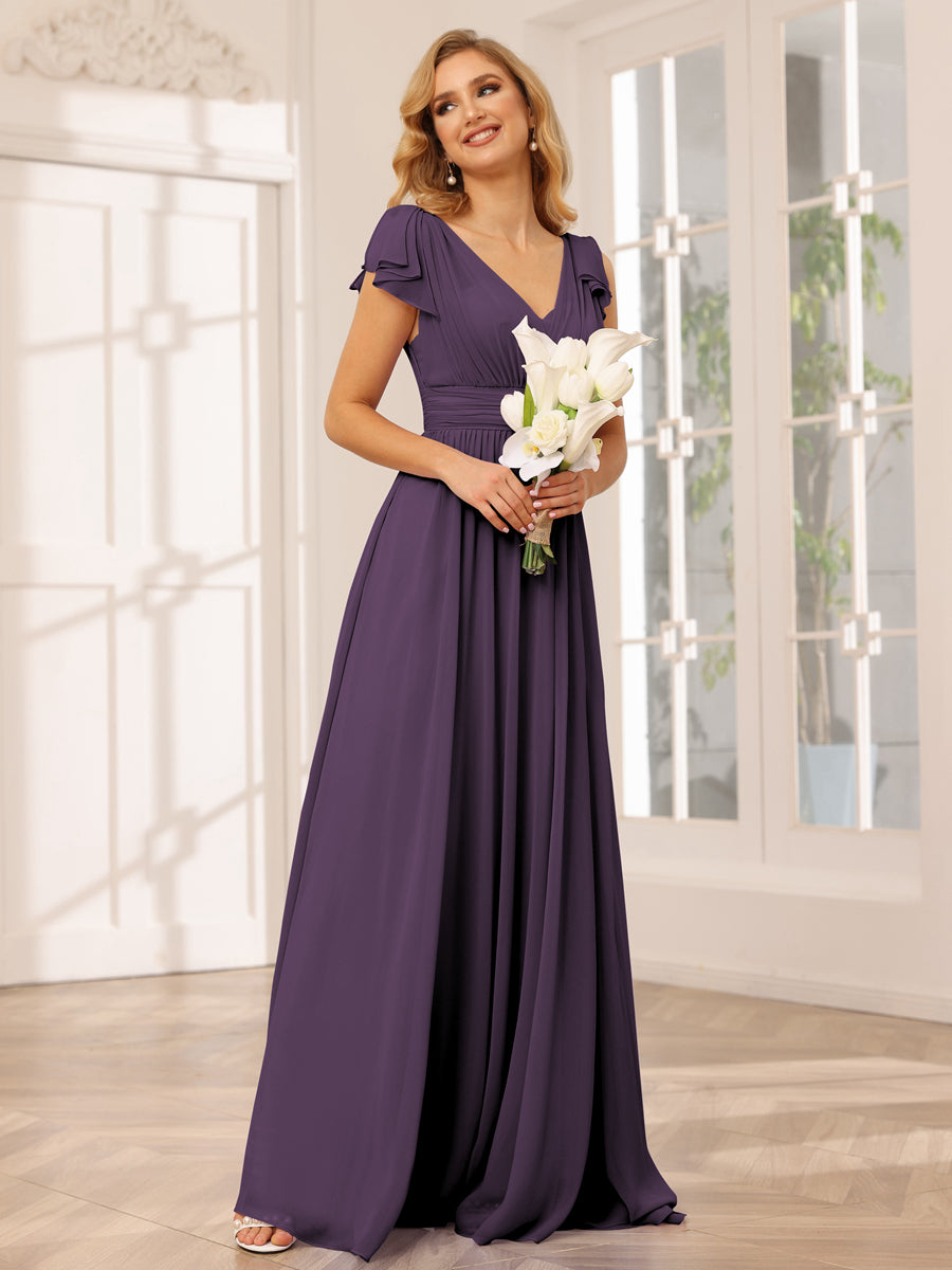 A-Line/Princess V-Neck Long Bridesmaid Dresses with Ruffles Plum