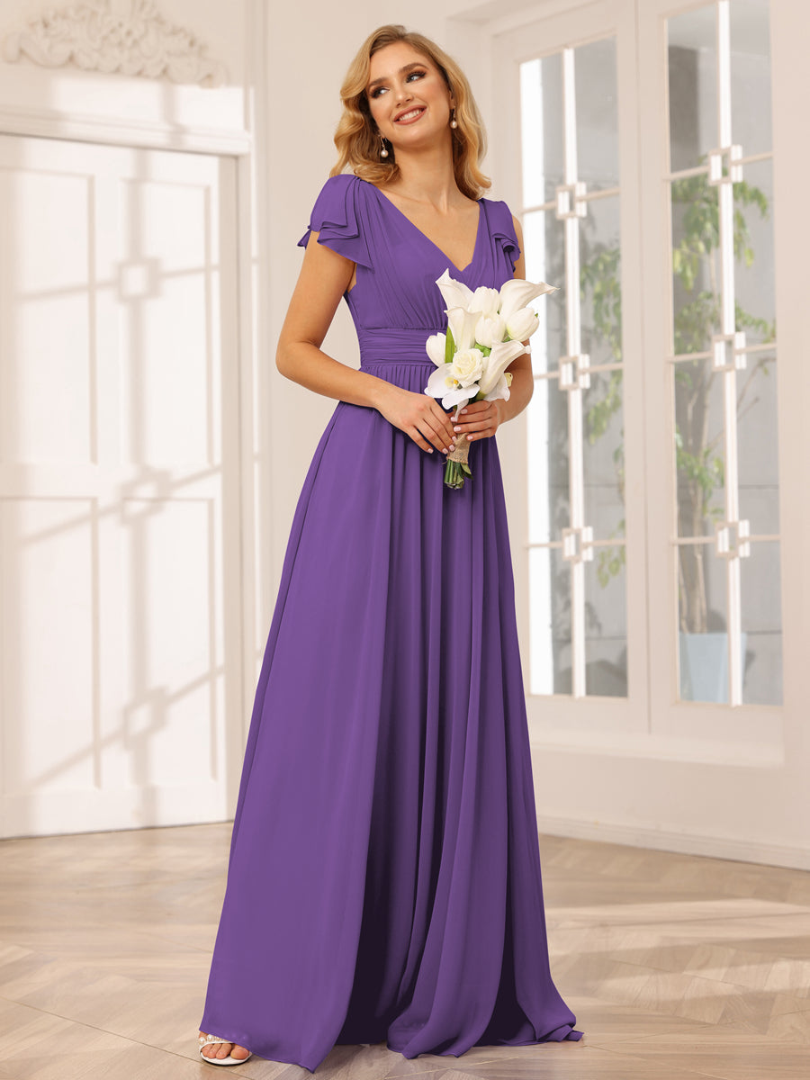 A-Line/Princess V-Neck Long Bridesmaid Dresses with Ruffles Purple