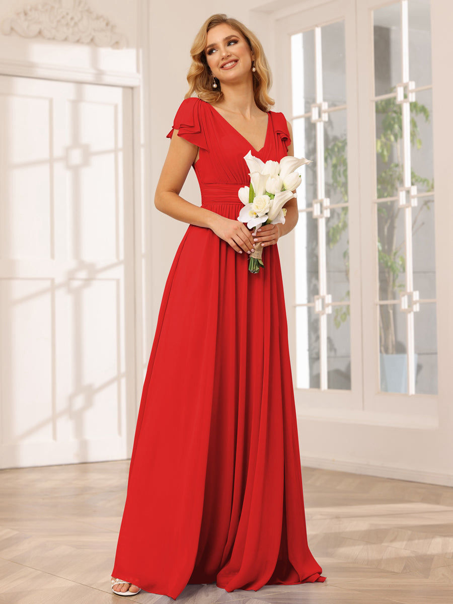 A-Line/Princess V-Neck Long Bridesmaid Dresses with Ruffles Red