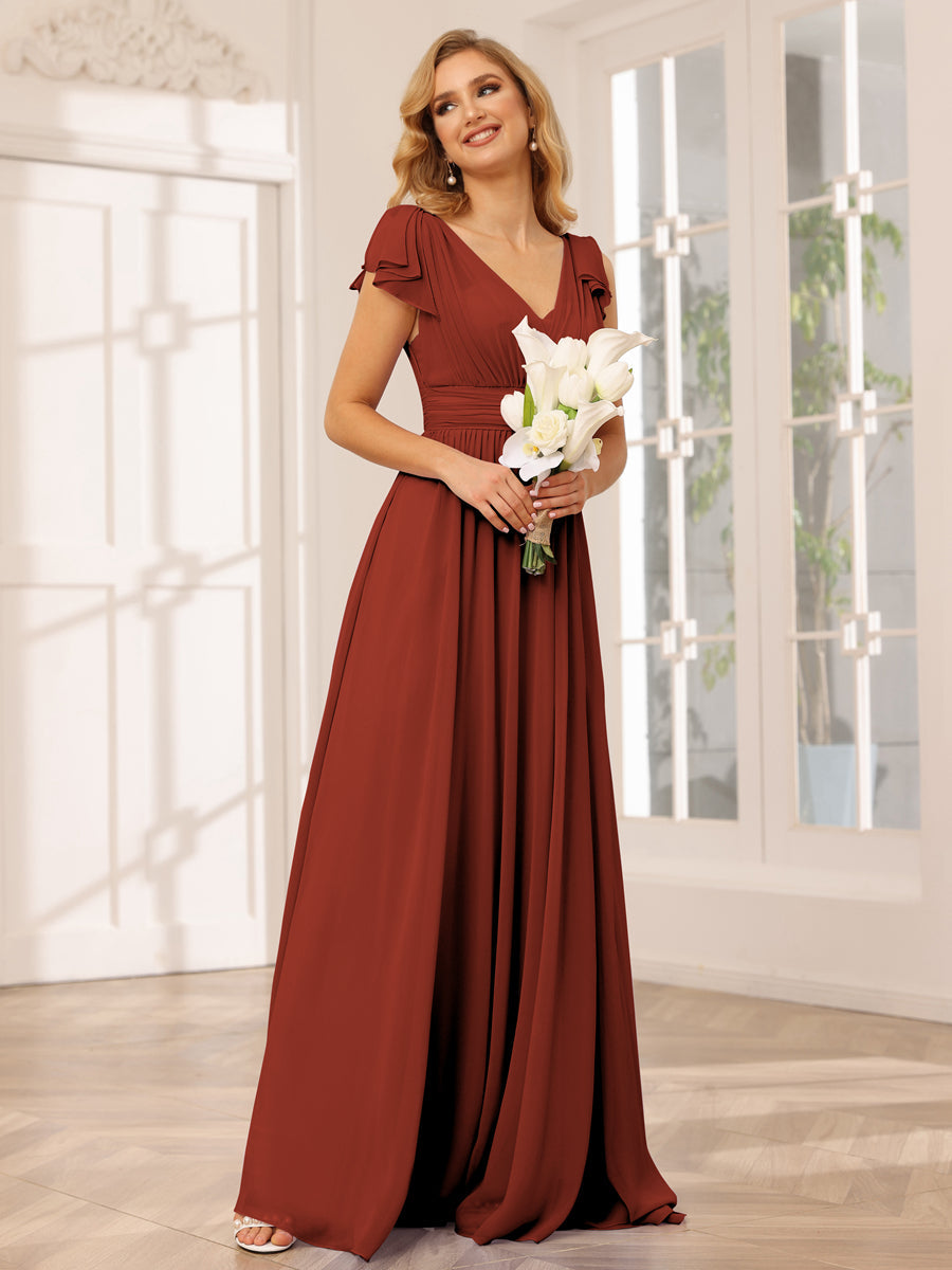 A-Line/Princess V-Neck Long Bridesmaid Dresses with Ruffles Rust