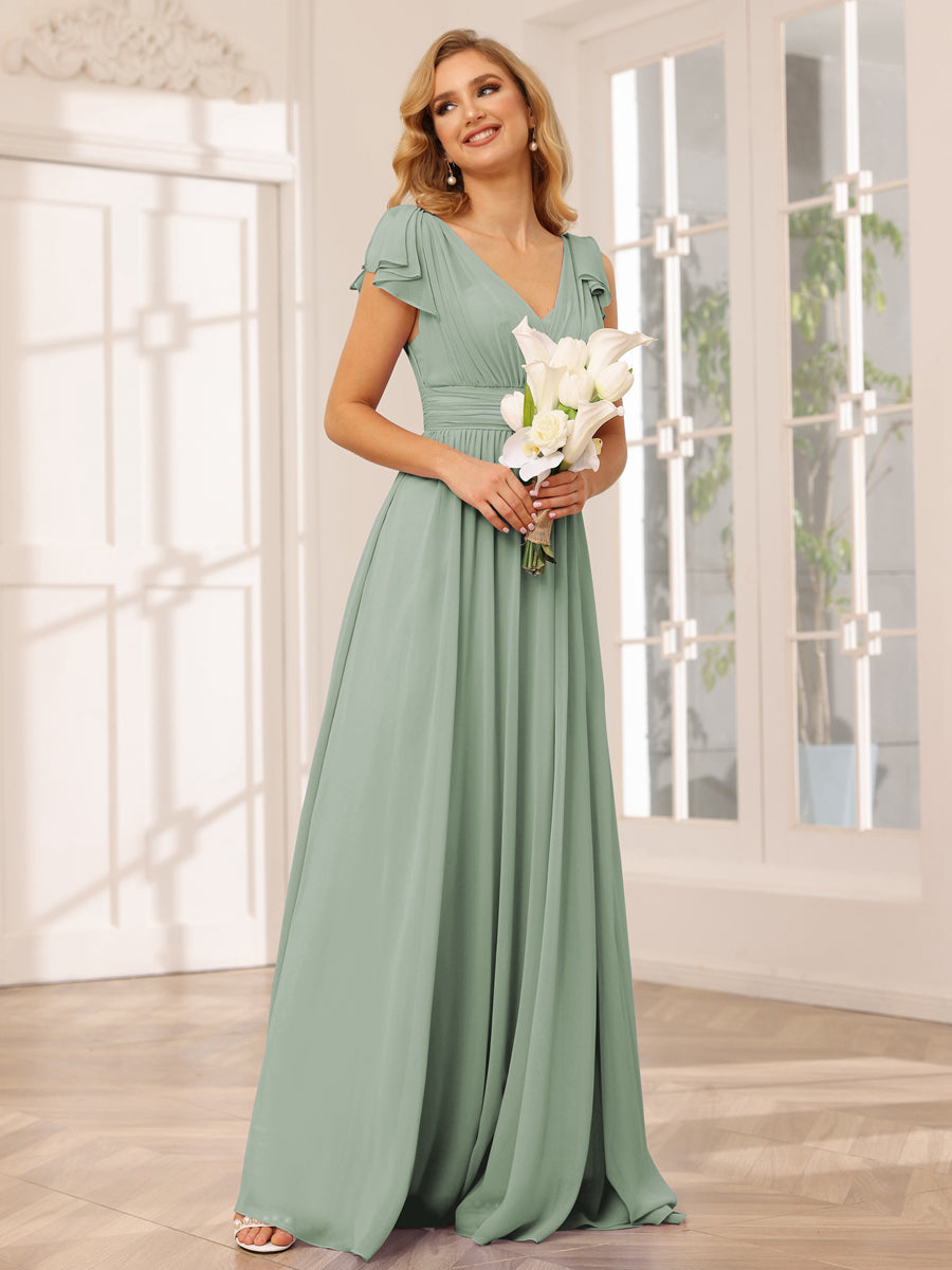 A-Line/Princess V-Neck Long Bridesmaid Dresses with Ruffles Sage