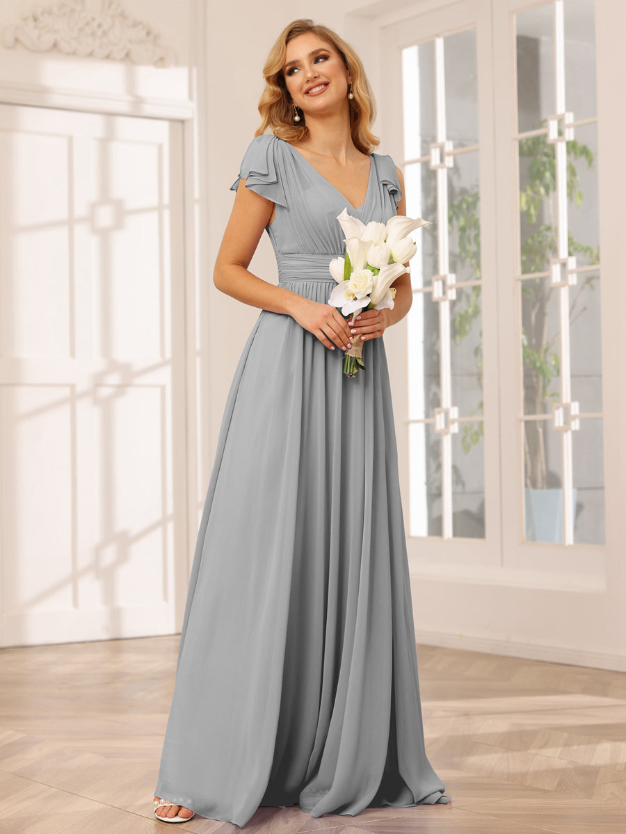 A-Line/Princess V-Neck Long Bridesmaid Dresses with Ruffles Silver