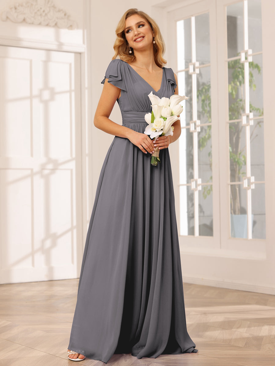 A-Line/Princess V-Neck Long Bridesmaid Dresses with Ruffles Silver Gray