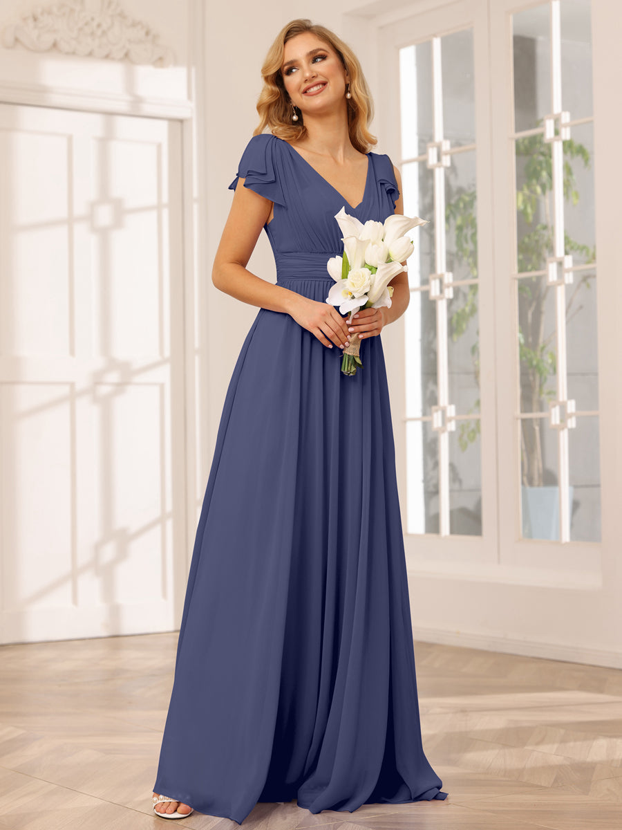 A-Line/Princess V-Neck Long Bridesmaid Dresses with Ruffles Stormy Blue