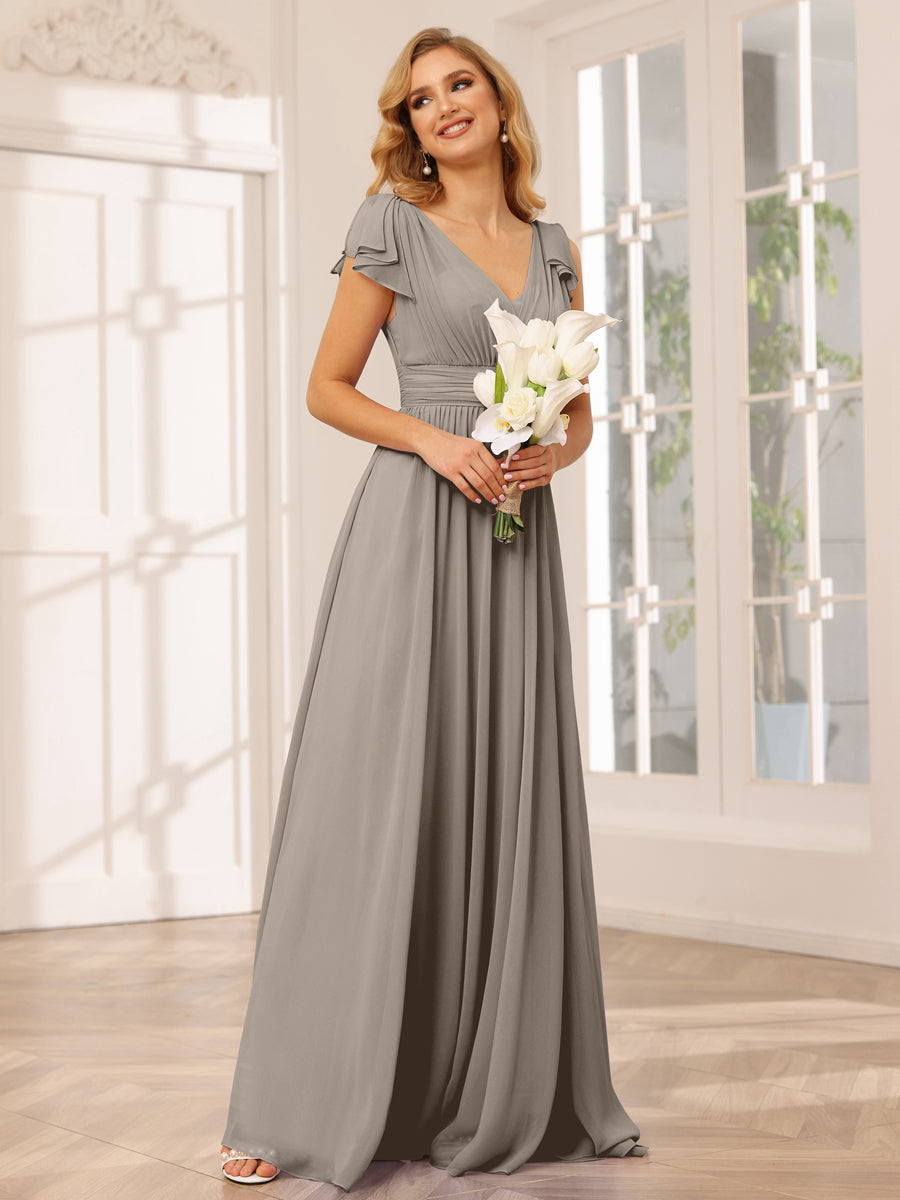A-Line/Princess V-Neck Long Bridesmaid Dresses with Ruffles Taupe