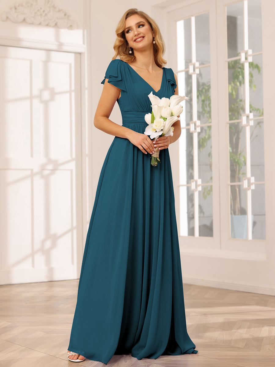 A-Line/Princess V-Neck Long Bridesmaid Dresses with Ruffles Teal
