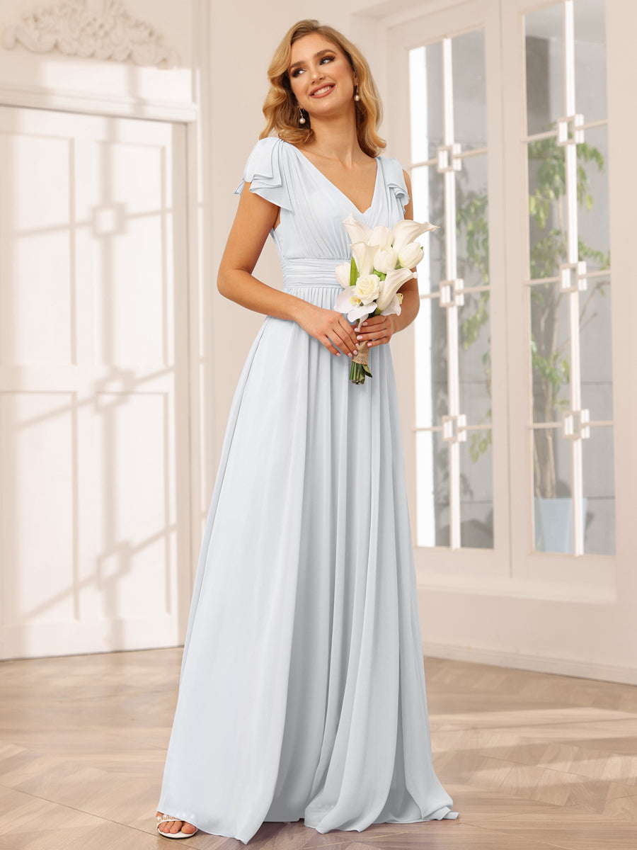 A-Line/Princess V-Neck Long Bridesmaid Dresses with Ruffles White