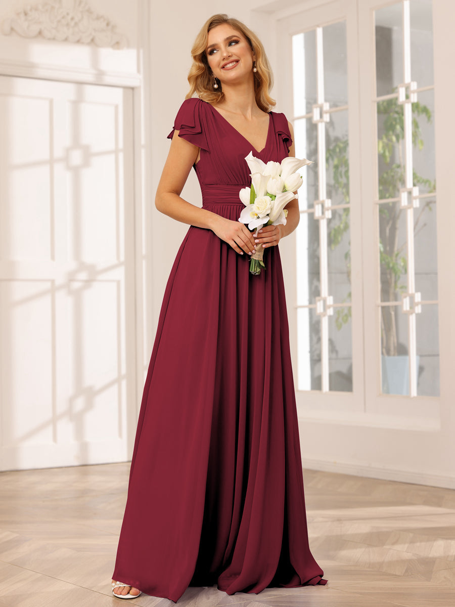 A-Line/Princess V-Neck Long Bridesmaid Dresses with Ruffles Wine Red