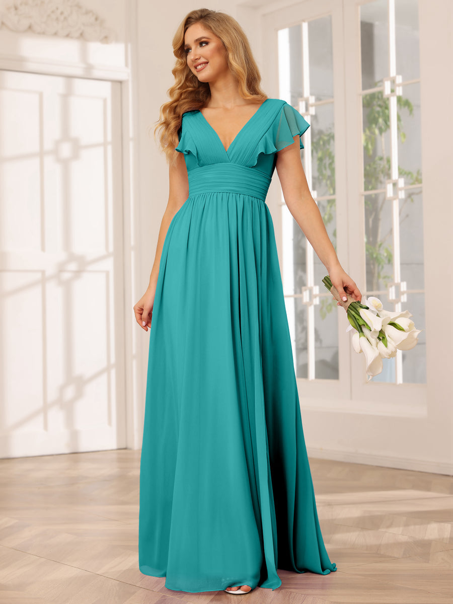 A-Line/Princess V-Neck Long Bridesmaid Dresses with Split Side Aqua Blue