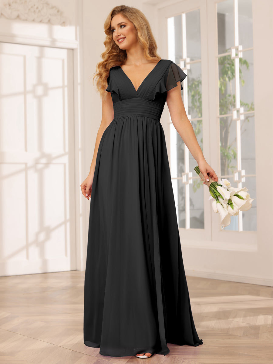A-Line/Princess V-Neck Long Bridesmaid Dresses with Split Side Black