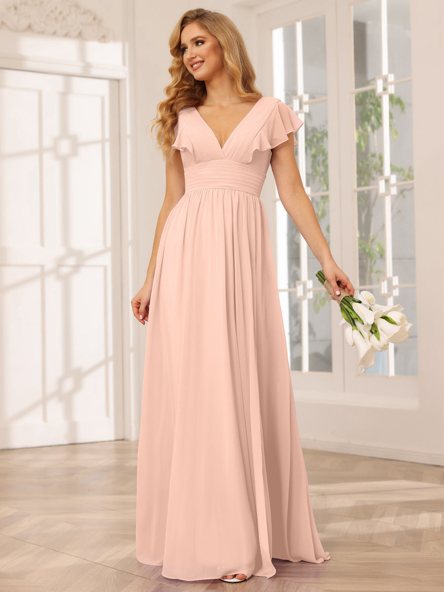 A-Line/Princess V-Neck Long Bridesmaid Dresses with Split Side Blush Pink