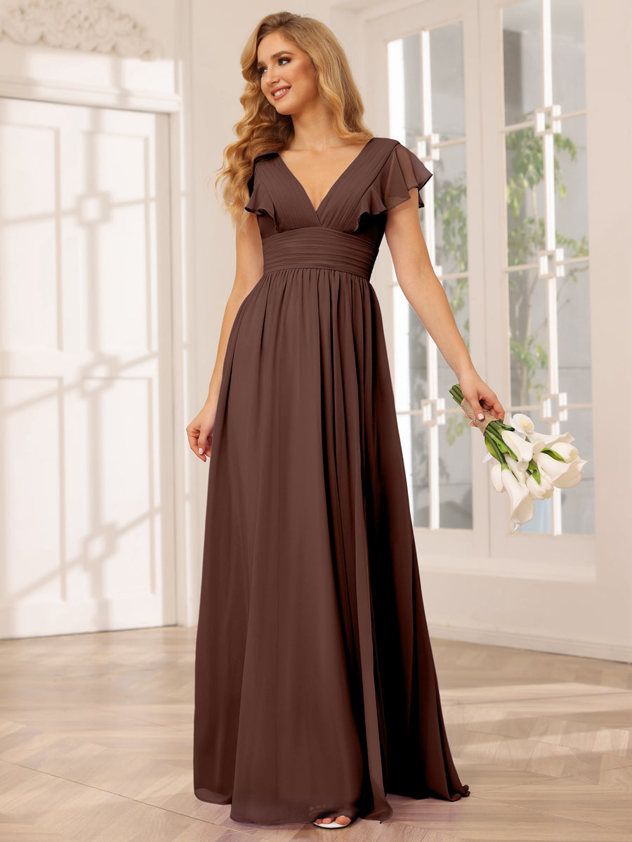 A-Line/Princess V-Neck Long Bridesmaid Dresses with Split Side Brown