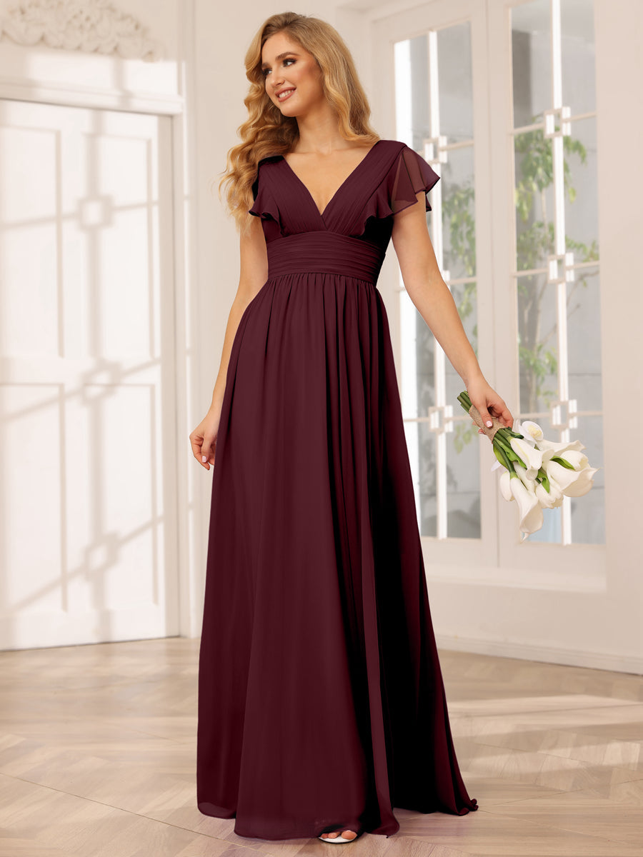 A-Line/Princess V-Neck Long Bridesmaid Dresses with Split Side Burgundy