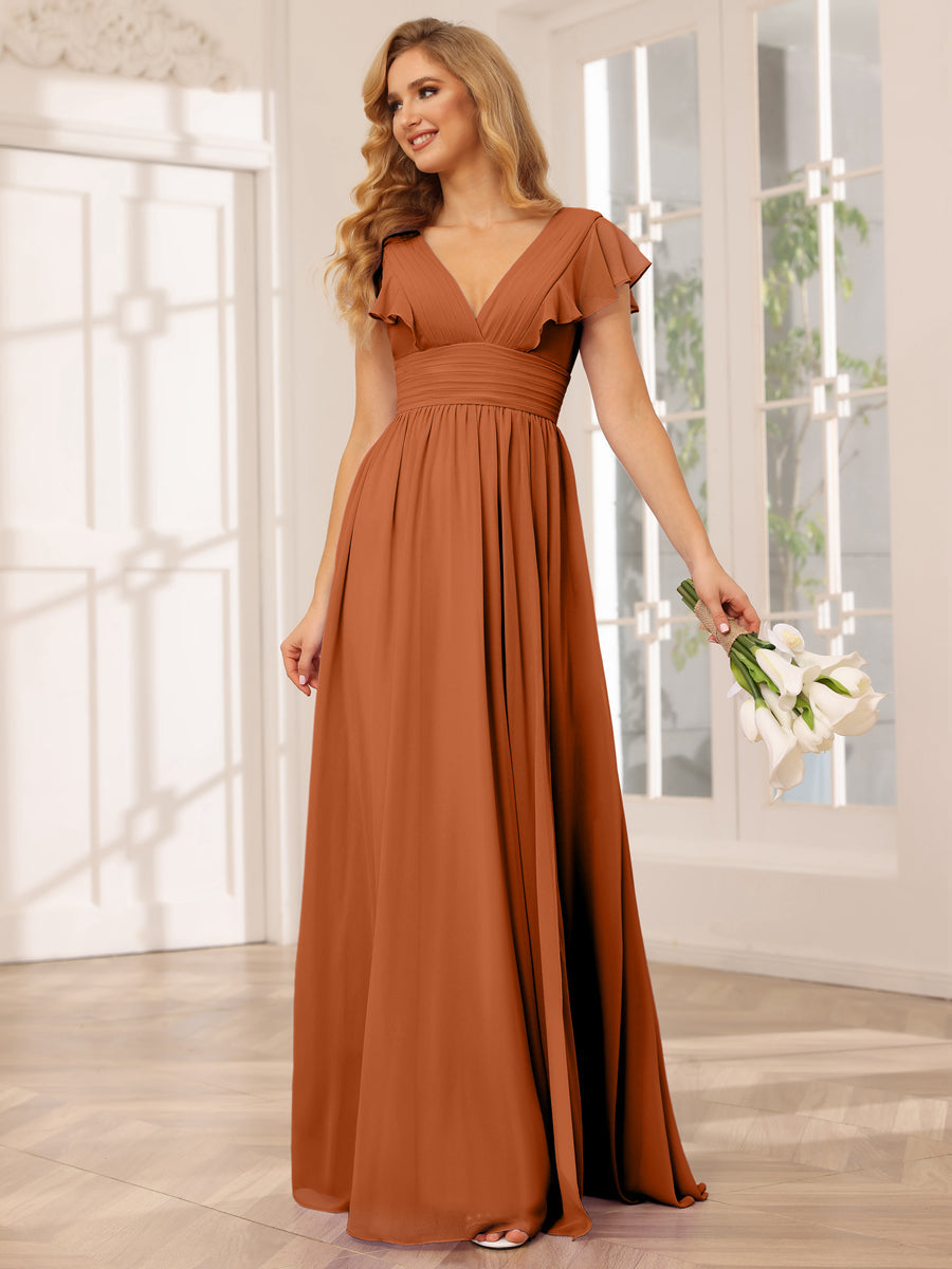 A-Line/Princess V-Neck Long Bridesmaid Dresses with Split Side Burnt Orange