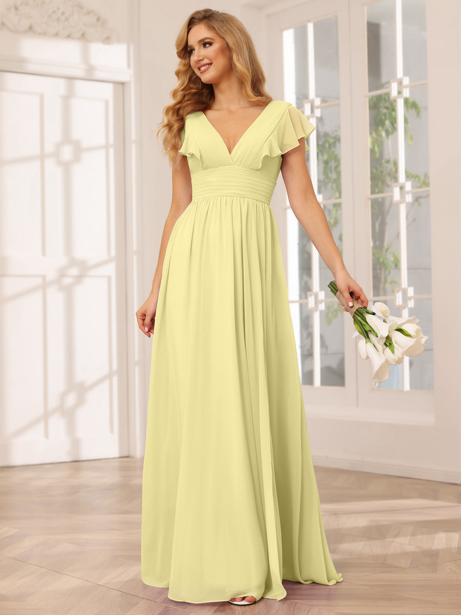 A-Line/Princess V-Neck Long Bridesmaid Dresses with Split Side Canary