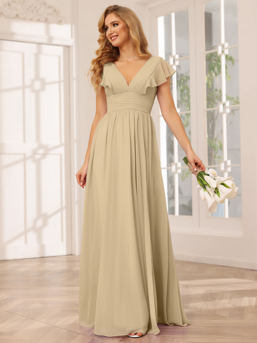A-Line/Princess V-Neck Long Bridesmaid Dresses with Split Side Champagne