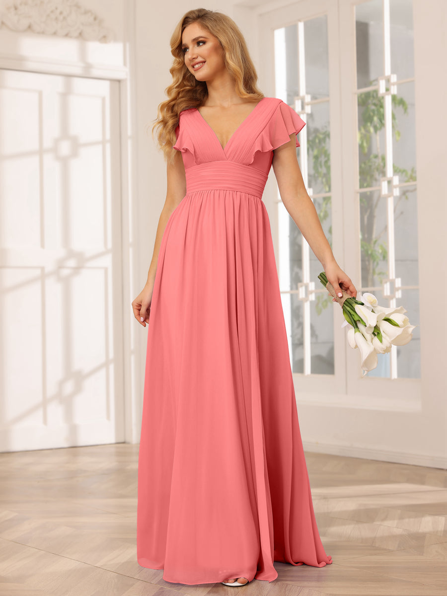 A-Line/Princess V-Neck Long Bridesmaid Dresses with Split Side Coral
