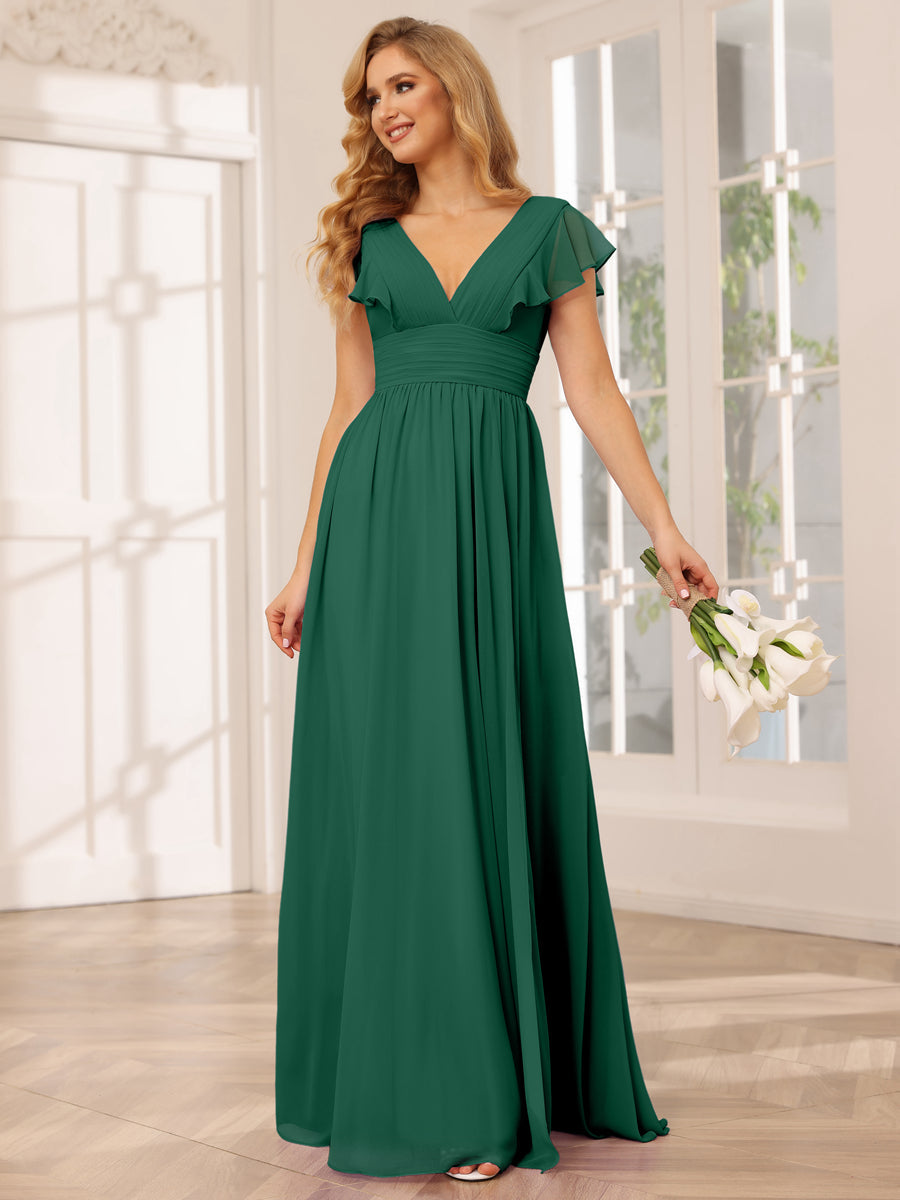 A-Line/Princess V-Neck Long Bridesmaid Dresses with Split Side Dark Green