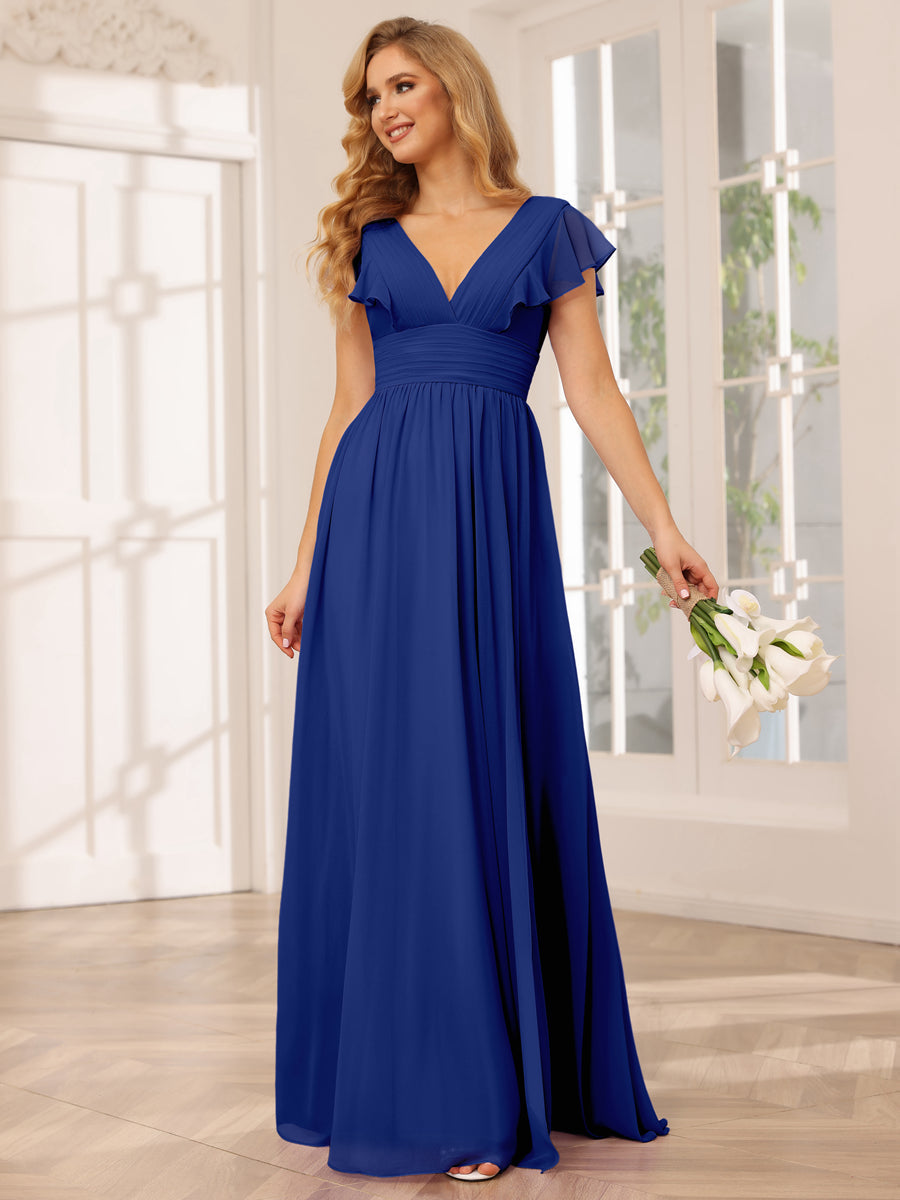 A-Line/Princess V-Neck Long Bridesmaid Dresses with Split Side Dark Royal Blue