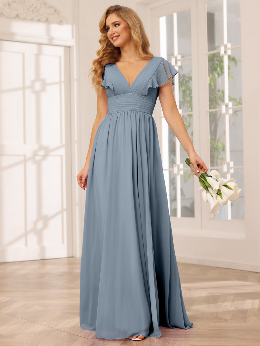 A-Line/Princess V-Neck Long Bridesmaid Dresses with Split Side Dusty Blue