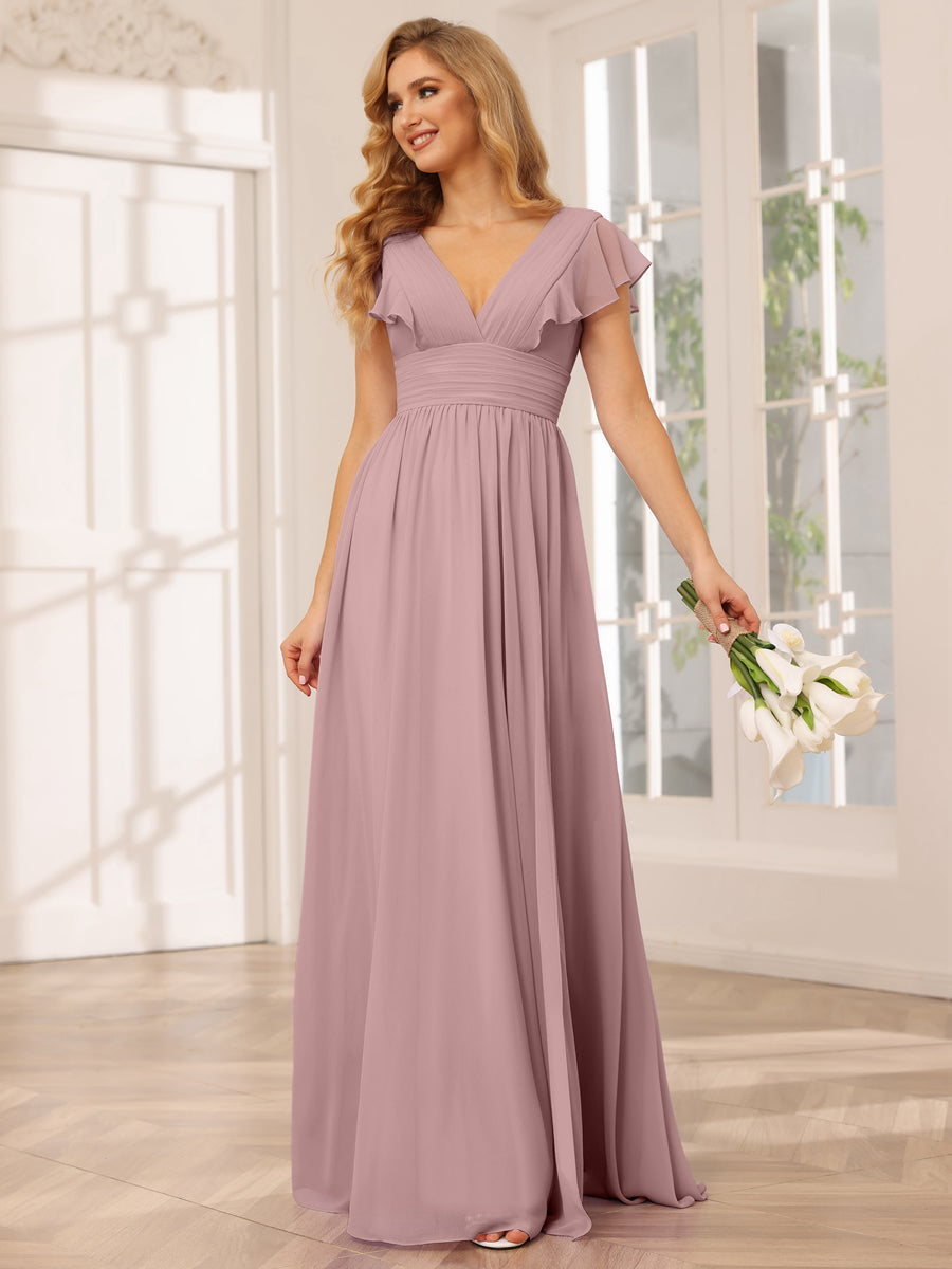 A-Line/Princess V-Neck Long Bridesmaid Dresses with Split Side Dusty Pink