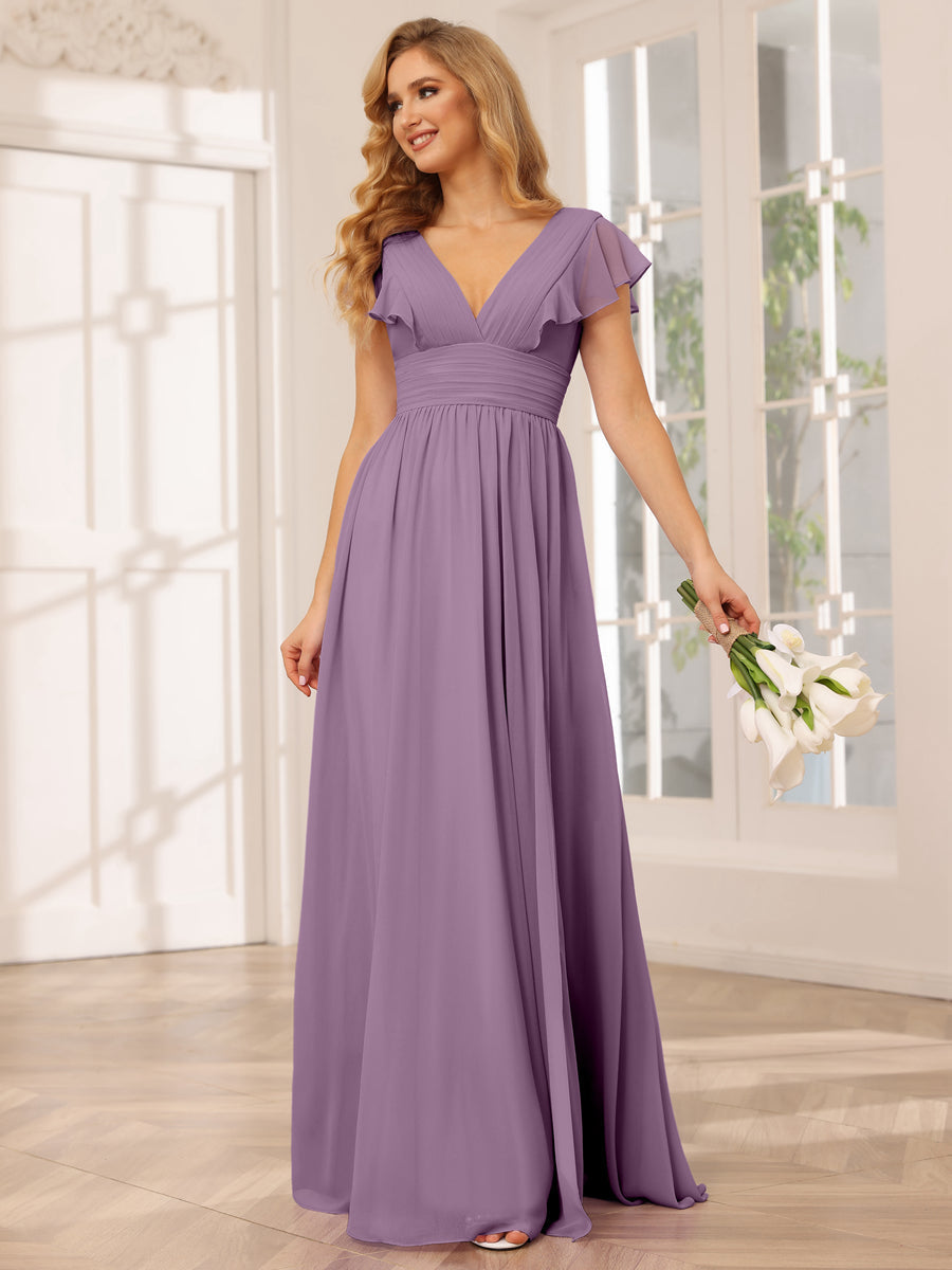 A-Line/Princess V-Neck Long Bridesmaid Dresses with Split Side Dusty Purple