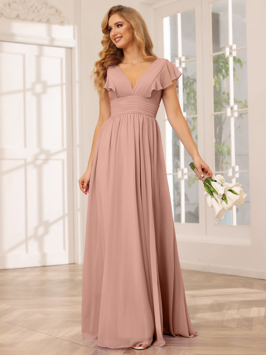 A-Line/Princess V-Neck Long Bridesmaid Dresses with Split Side Dusty Rose