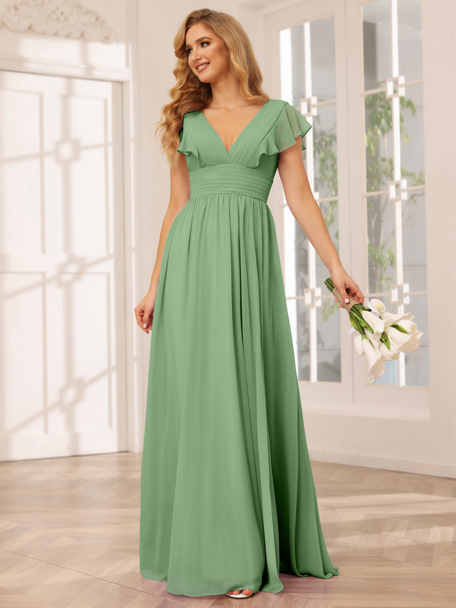 A-Line/Princess V-Neck Long Bridesmaid Dresses with Split Side Dusty Sage