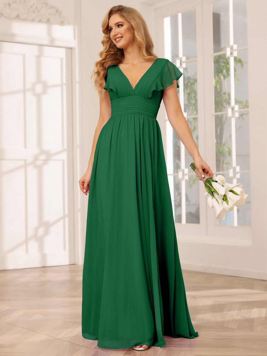 A-Line/Princess V-Neck Long Bridesmaid Dresses with Split Side Emerald