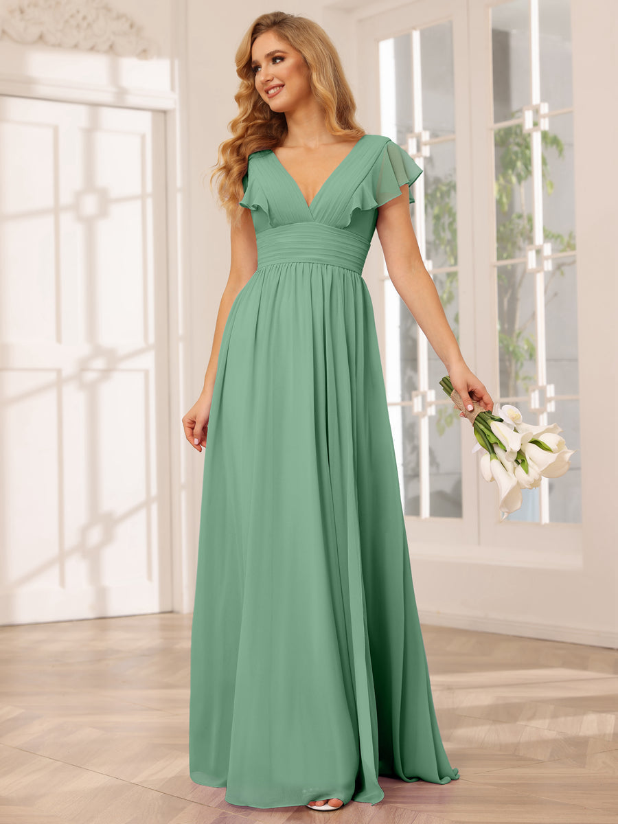 A-Line/Princess V-Neck Long Bridesmaid Dresses with Split Side Eucalyptus