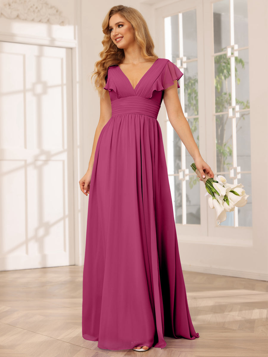 A-Line/Princess V-Neck Long Bridesmaid Dresses with Split Side Fuchsia