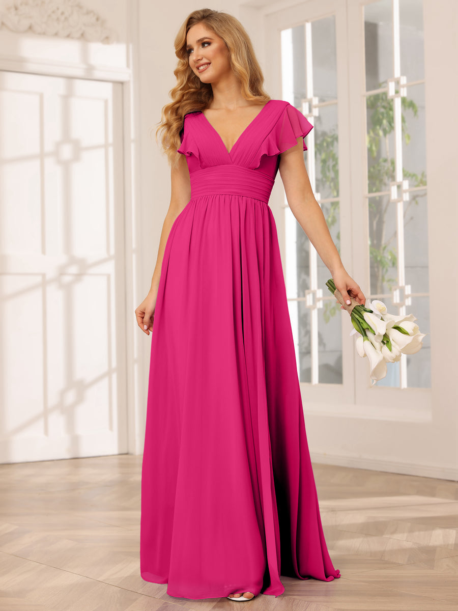 A-Line/Princess V-Neck Long Bridesmaid Dresses with Split Side Fuchsia Pink