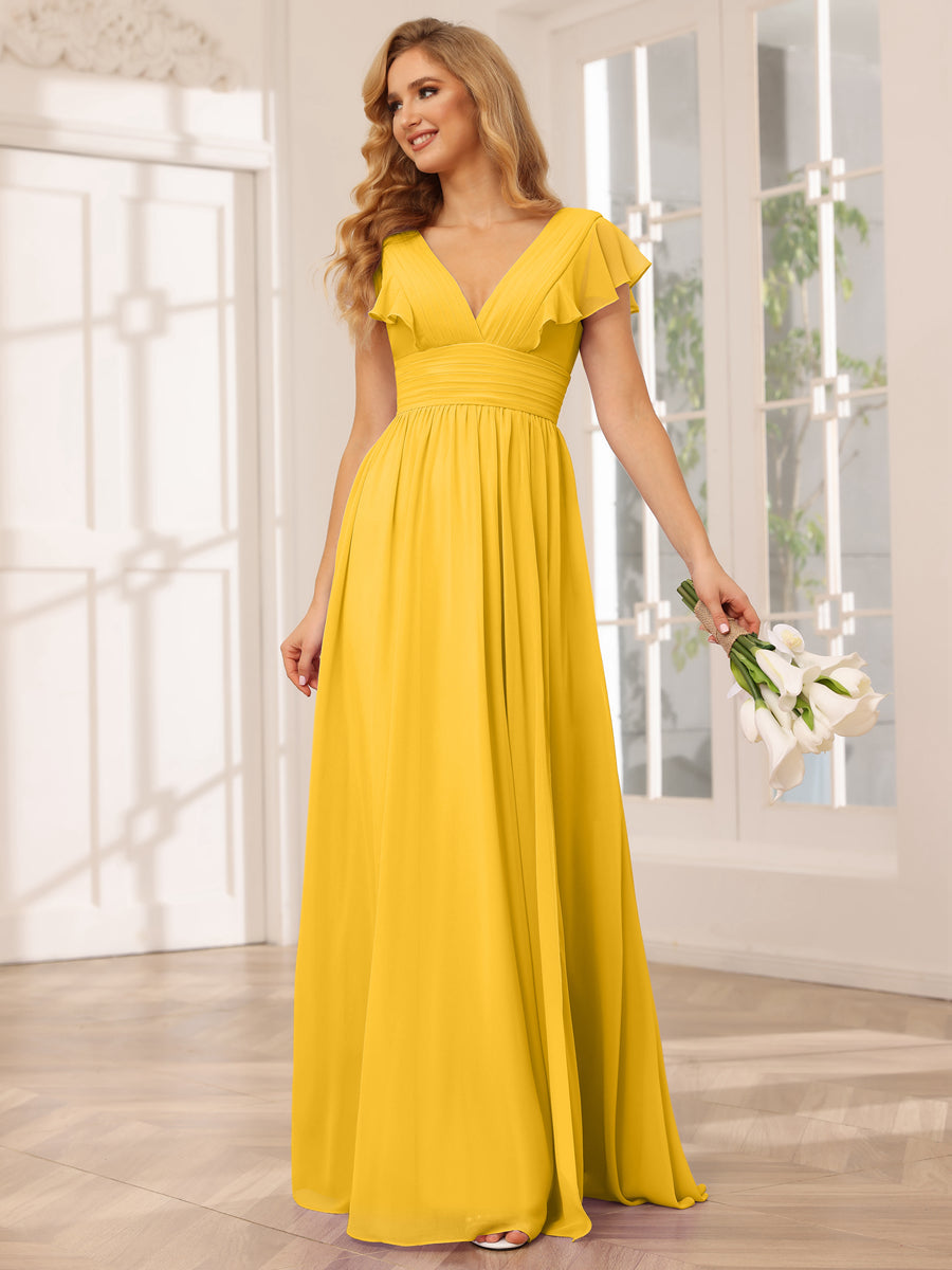 A-Line/Princess V-Neck Long Bridesmaid Dresses with Split Side Gold