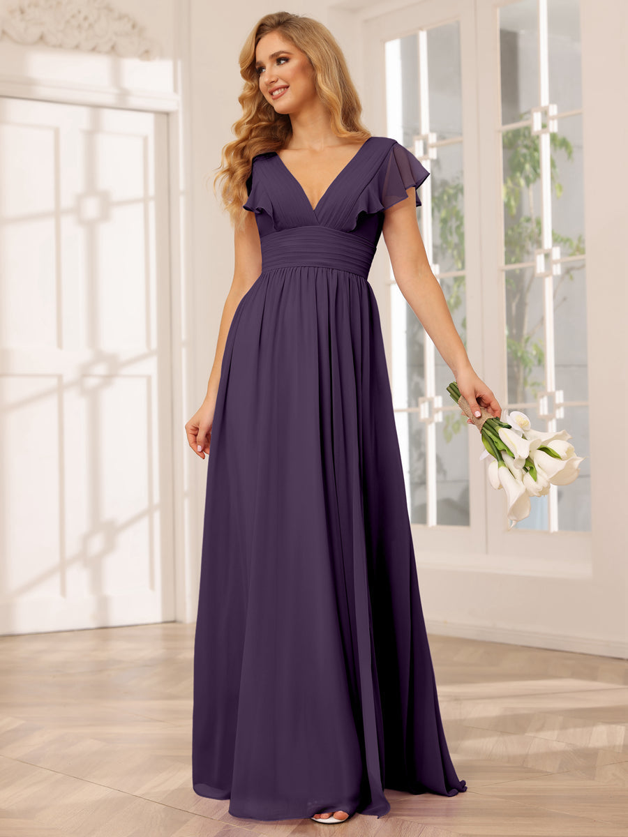 A-Line/Princess V-Neck Long Bridesmaid Dresses with Split Side Grape