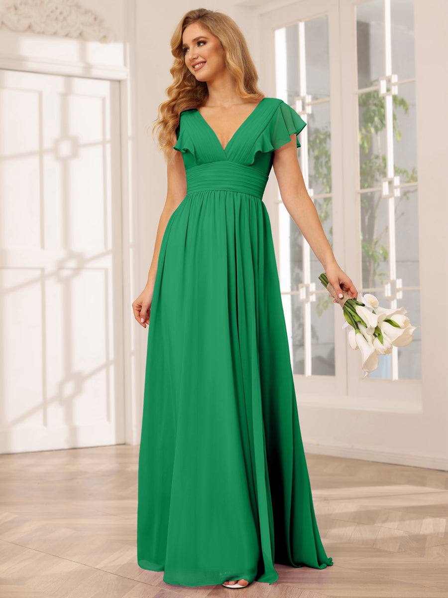 A-Line/Princess V-Neck Long Bridesmaid Dresses with Split Side Green
