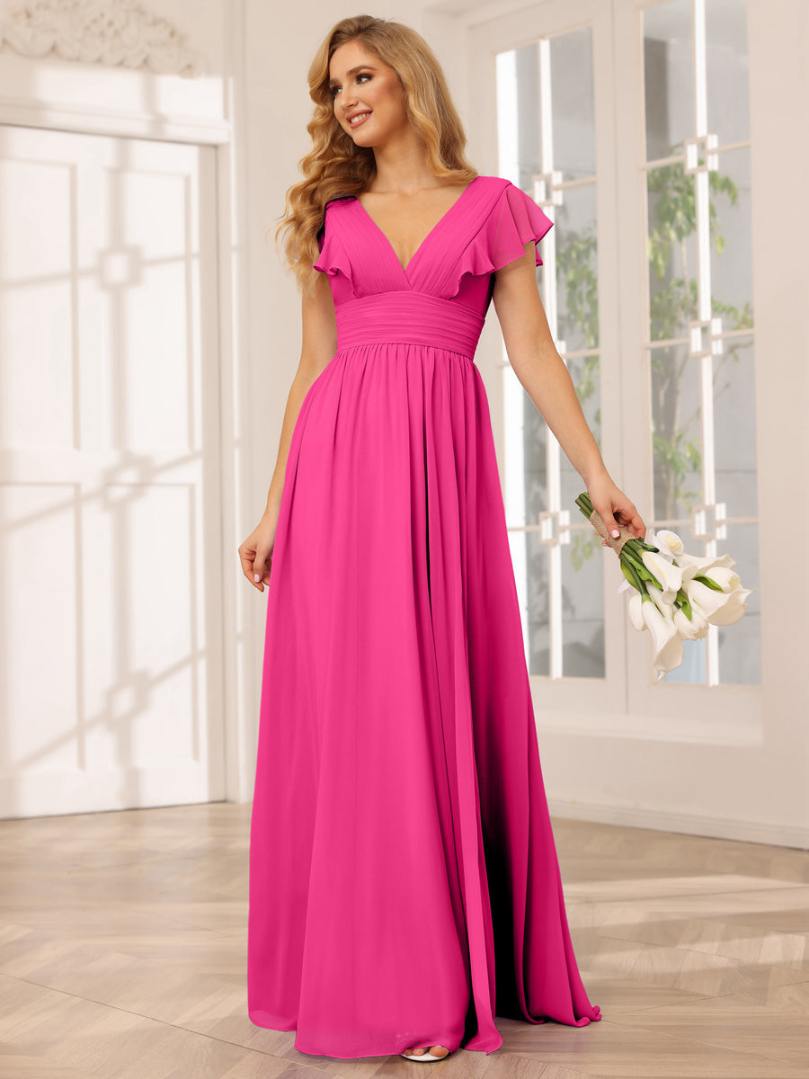 A-Line/Princess V-Neck Long Bridesmaid Dresses with Split Side Hot Pink