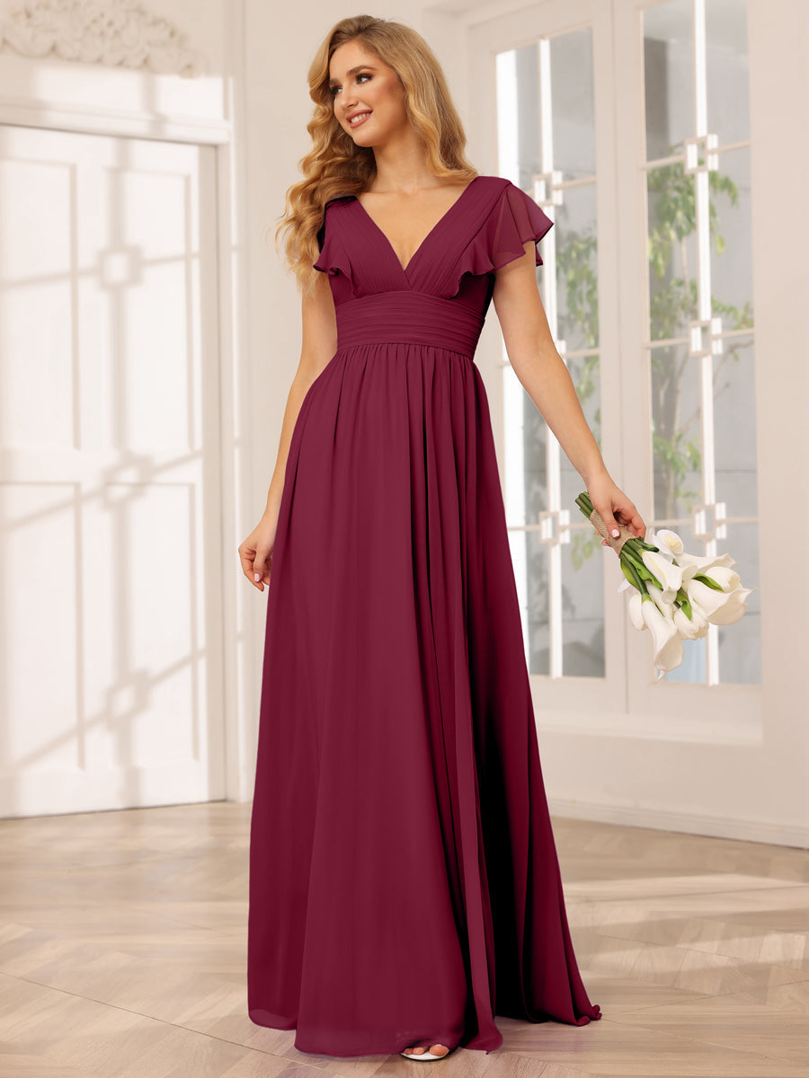 A-Line/Princess V-Neck Long Bridesmaid Dresses with Split Side Light Burgundy