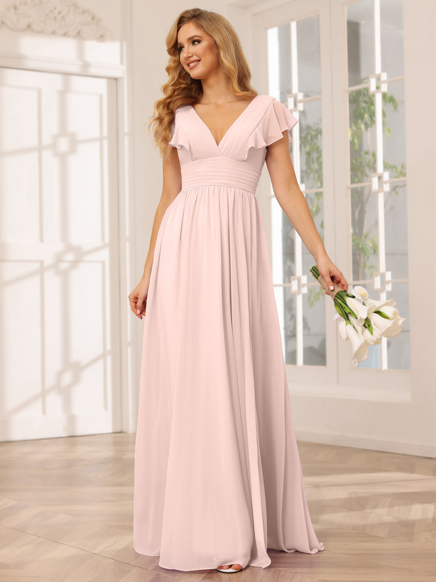 A-Line/Princess V-Neck Long Bridesmaid Dresses with Split Side Light Pink