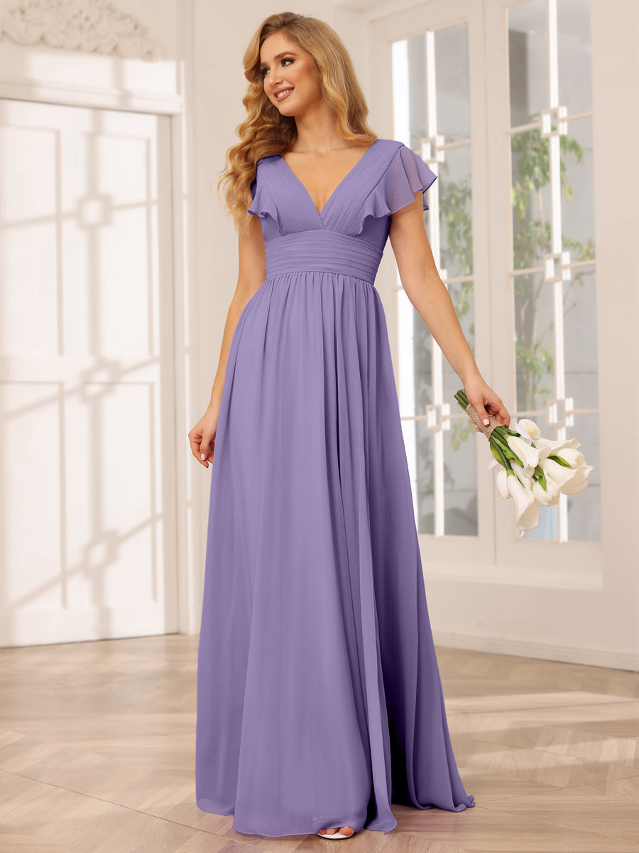 A-Line/Princess V-Neck Long Bridesmaid Dresses with Split Side Light Purple