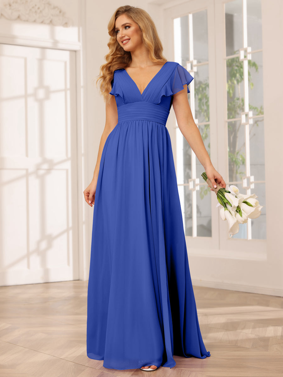 A-Line/Princess V-Neck Long Bridesmaid Dresses with Split Side Light Royal Blue