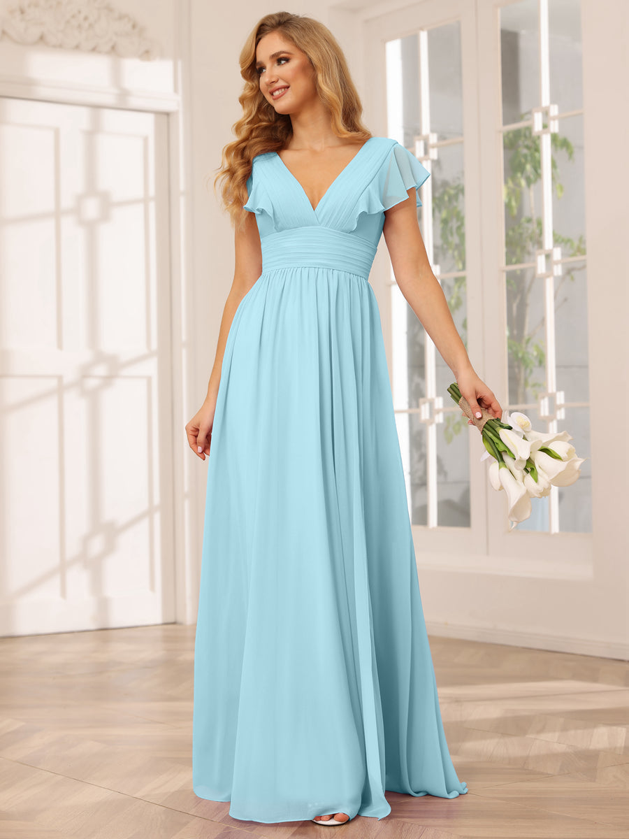 A-Line/Princess V-Neck Long Bridesmaid Dresses with Split Side Light Sky Blue