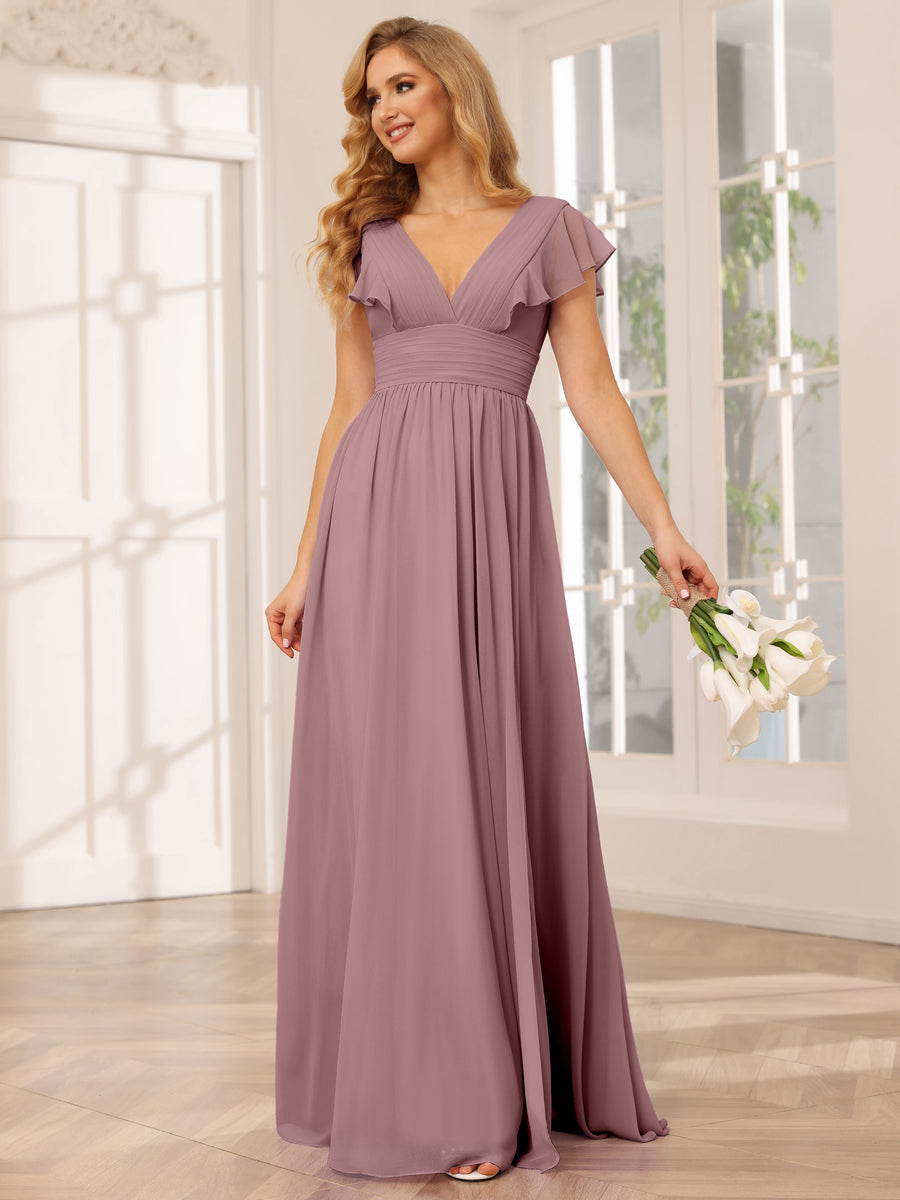 A-Line/Princess V-Neck Long Bridesmaid Dresses with Split Side Mauve