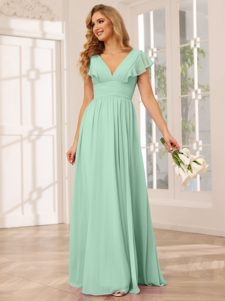 A-Line/Princess V-Neck Long Bridesmaid Dresses with Split Side Mint Green